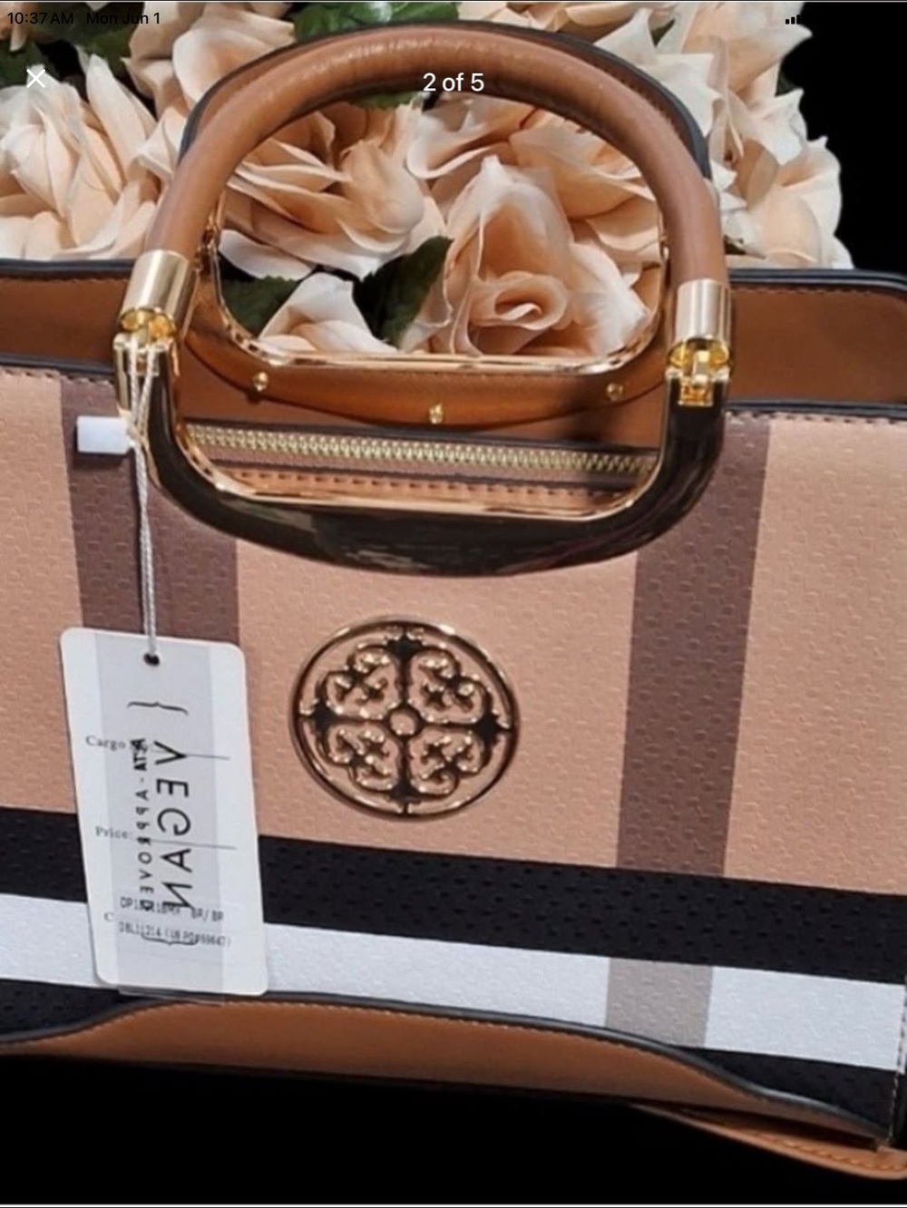 Vegan Approved Structured Stripe Top-Handle Satchel in Taupe and Tan - Picture 2 of 5